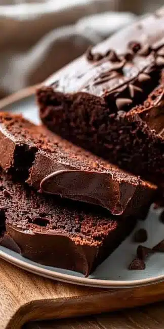 Delicious homemade chocolate yogurt loaf baked and sliced for serving