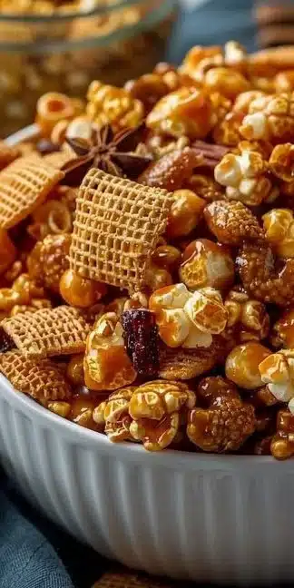 Delicious Christmas Caramel Corn Snack Mix crafted for festive celebrations.