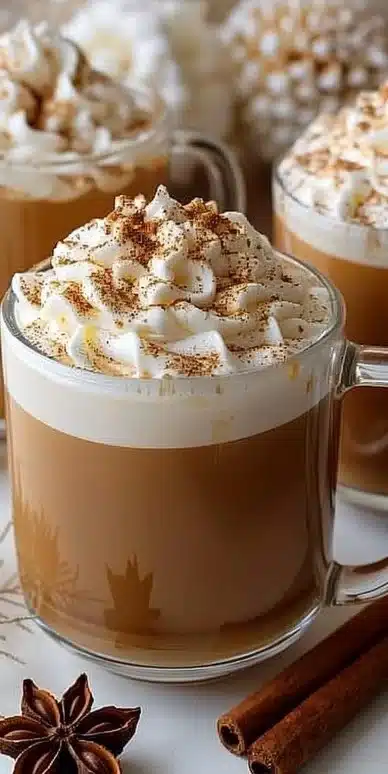 Steaming cup of Christmas Chai Latte with spices and greenery