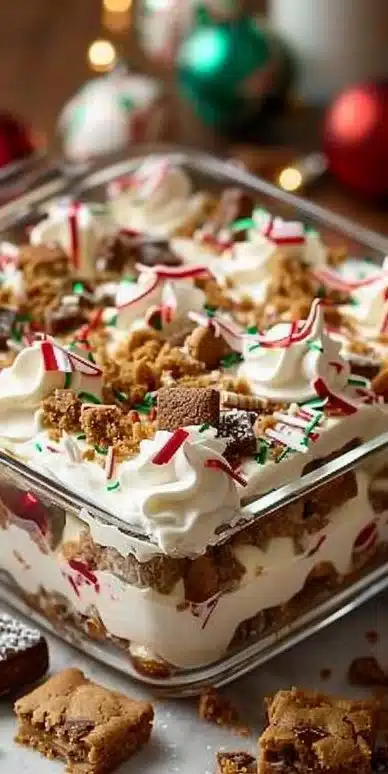 Delicious Christmas cookie lasagna served in a festive holiday setting