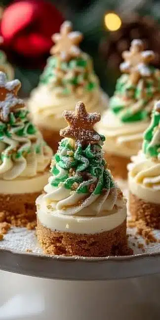 Delicious Christmas mini tree cheesecakes decorated for the holidays