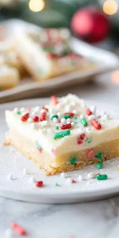 Delicious Christmas sugar cookie bars decorated with festive icing and sprinkles.