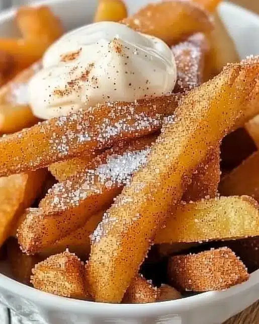 Delicious cinnamon sugar apple fries served on a plate, ready to enjoy.