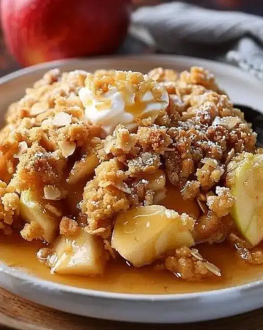 A delicious classic apple crumble dessert with golden topping and baked apples