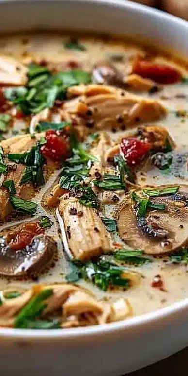 Bowl of clean chicken mushroom soup with fresh ingredients