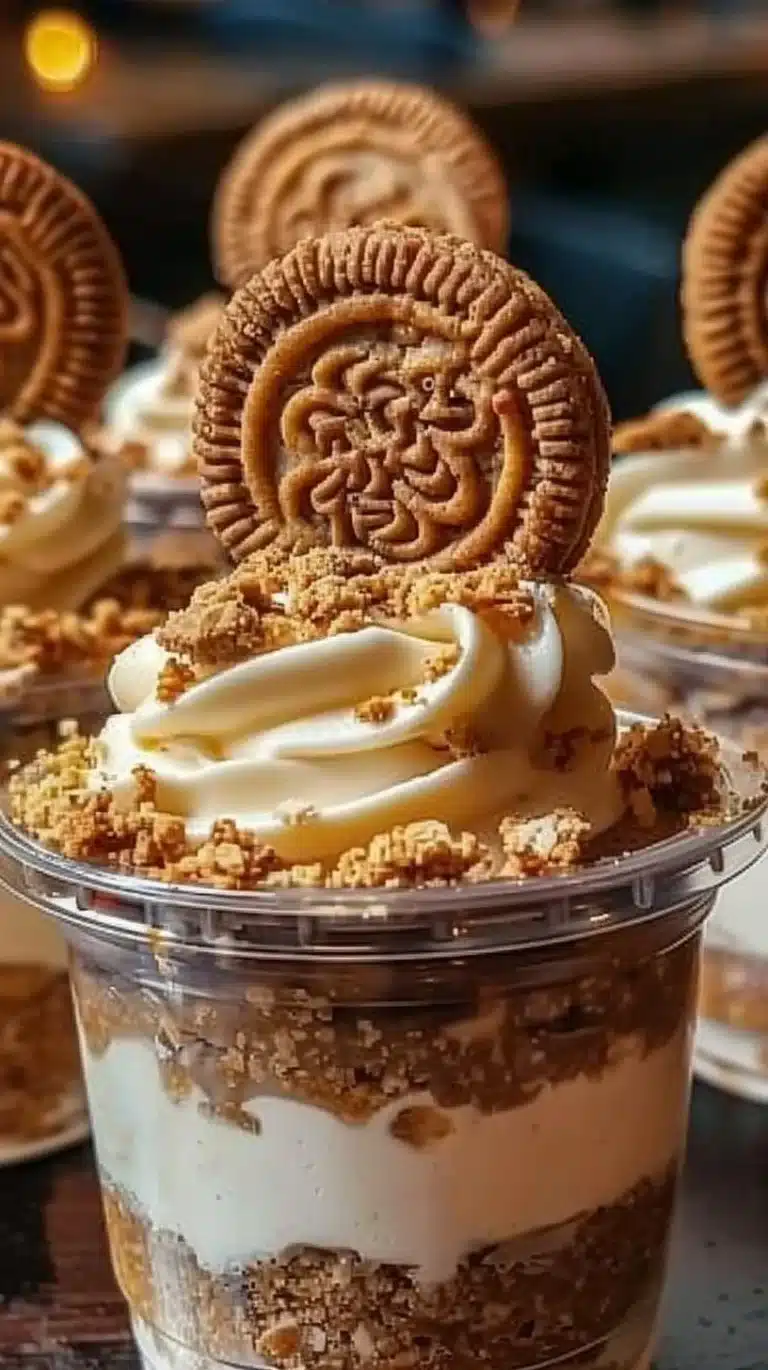 Delicious cookie butter cheesecake cups topped with whipped cream