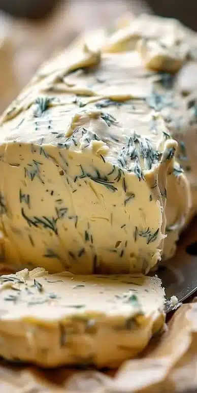 Homemade Cowboy Butter with herbs and spices served on grilled steak.