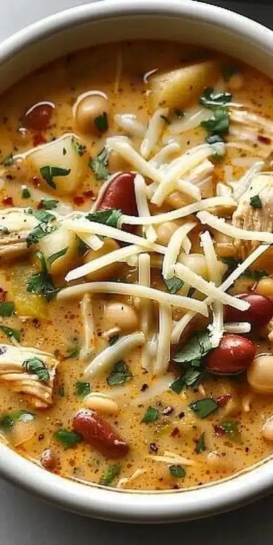 Bowl of Cozy White Cheddar Apple Chicken Chili with toppings