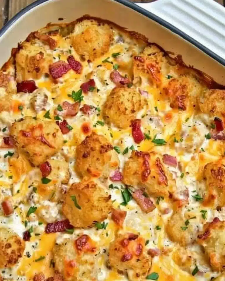 Delicious chicken tater tot casserole topped with cheese and bacon