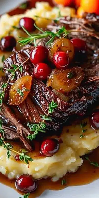 Cranberry Balsamic Roast Beef served with vegetables on a plate