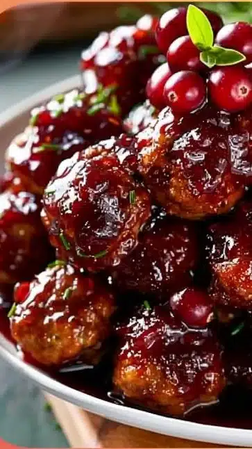 Delicious cranberry chili meatballs on a serving platter