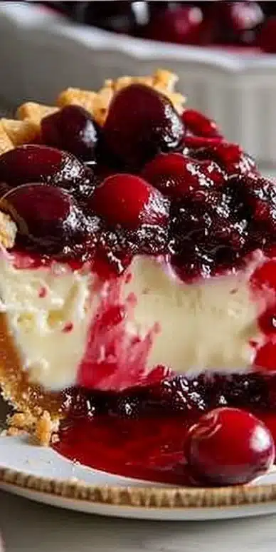 A slice of cranberry custard pie on a plate topped with whipped cream