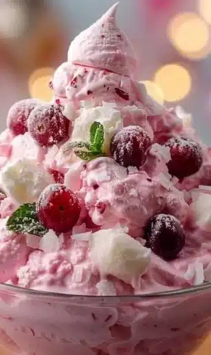 Cranberry Fluff dessert served in a bowl, topped with whipped cream and cranberries.