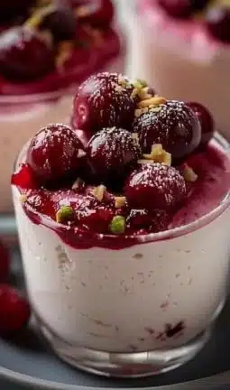 Cranberry Mascarpone Mousse cups topped with fresh cranberries and mint