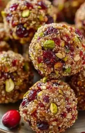 Festive and healthy cranberry pistachio bites on a decorative plate