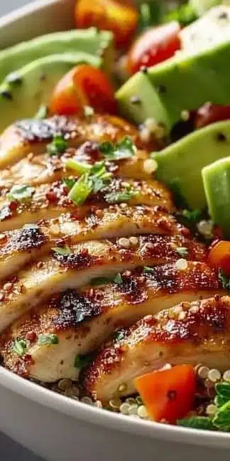 Creamy Avocado Chicken Quinoa Bowl with fresh ingredients and vibrant colors.