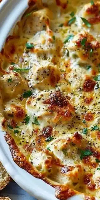 Creamy banana pepper chicken dip served in a bowl with chips