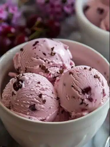 Bowl of creamy Cherry Garcia Ice Cream with cherries and chocolate chunks