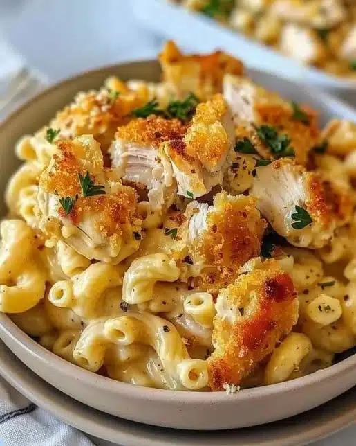 Creamy Chicken Mac and Cheese served in a bowl with melty cheese and tender chicken