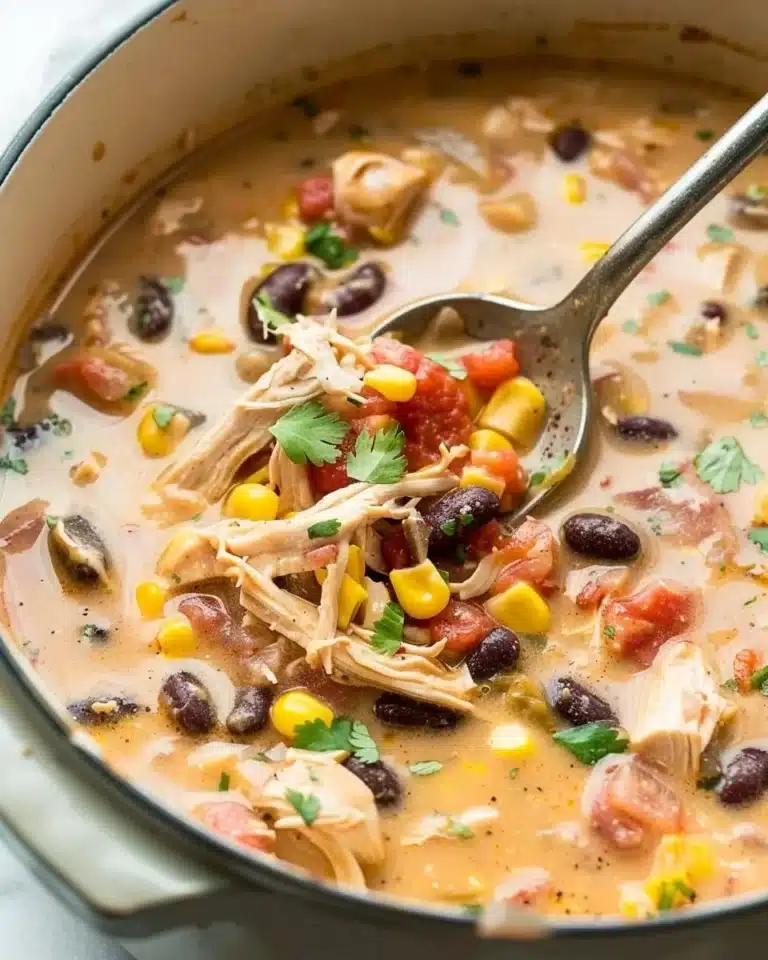 Bowl of creamy chicken taco soup with toppings of cheese and cilantro