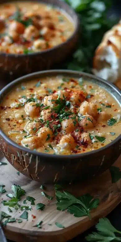 Bowl of creamy coconut lentil chickpea soup, garnished and steaming hot.
