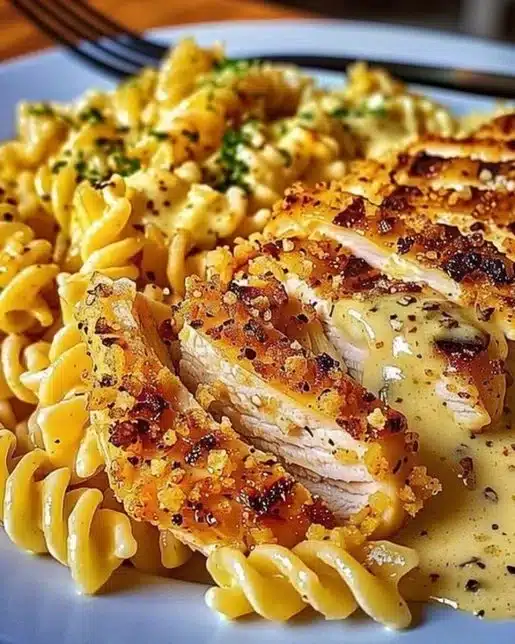 Creamy garlic parmesan chicken served with cheesy twisted pasta in a bowl