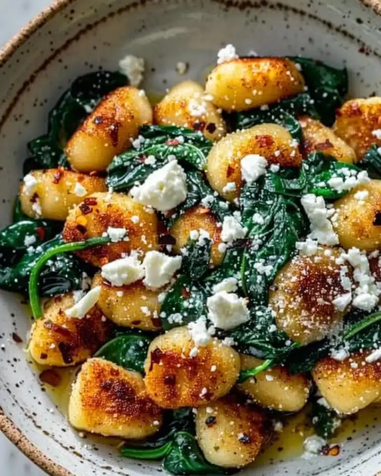 Creamy gnocchi dish with spinach and feta served in a bowl