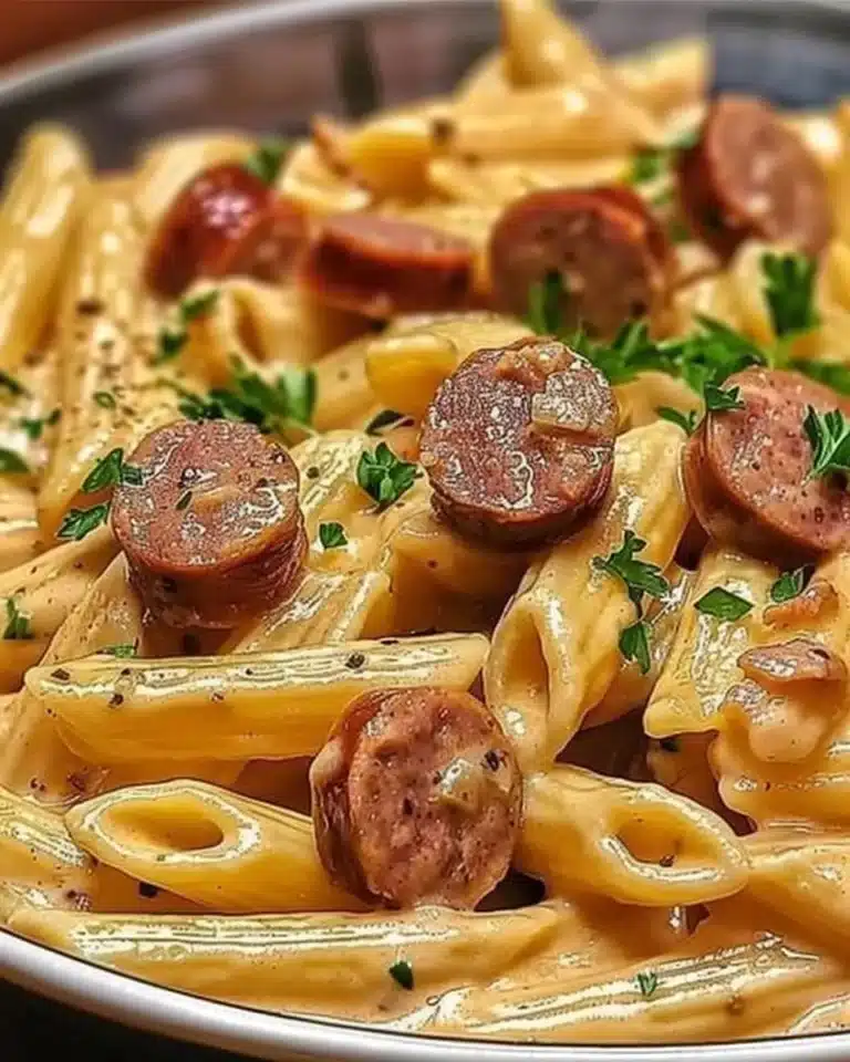 Creamy smoked sausage pasta served in a bowl with fresh herbs.
