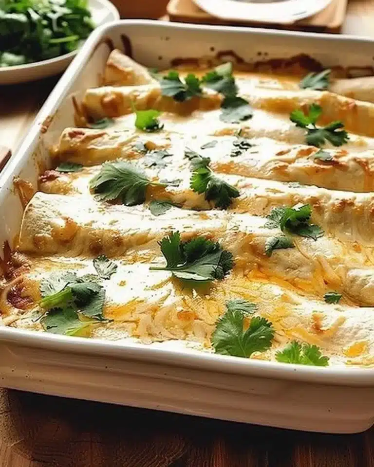 Creamy white chicken enchiladas topped with cheese and green chilies