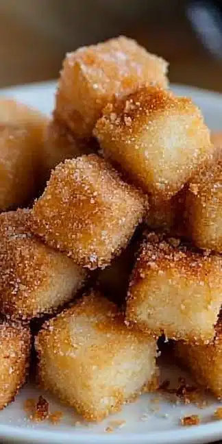 Crispy Angel Cake Churro Bites served in a dish, showcasing their golden-brown texture.