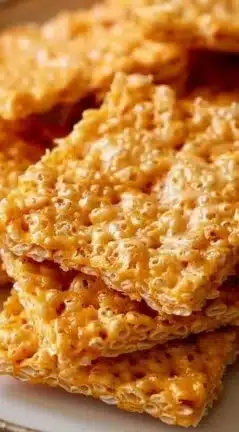 Cheesy rice krispie cheddar crackers on a wooden serving board