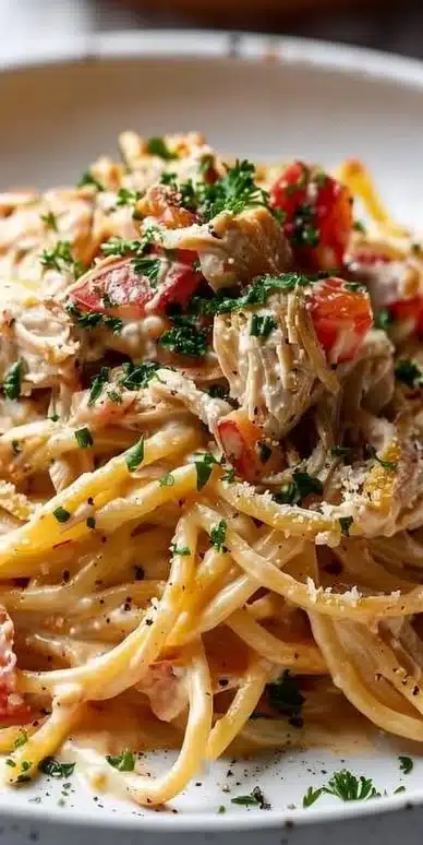 Delicious Crock Pot Cheesy Chicken Spaghetti in a creamy sauce
