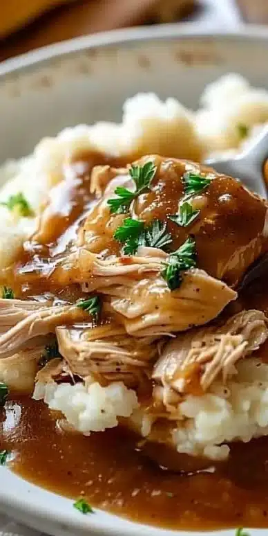 Crockpot Chicken and Gravy served with mashed potatoes