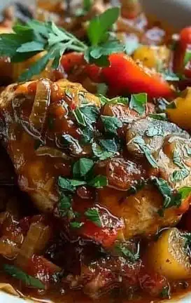 Delicious Crockpot Chicken Cacciatore served with herbs and vegetables
