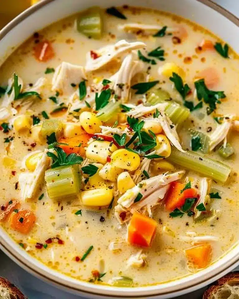 Bowl of creamy Crockpot Chicken Corn Chowder with corn and chicken