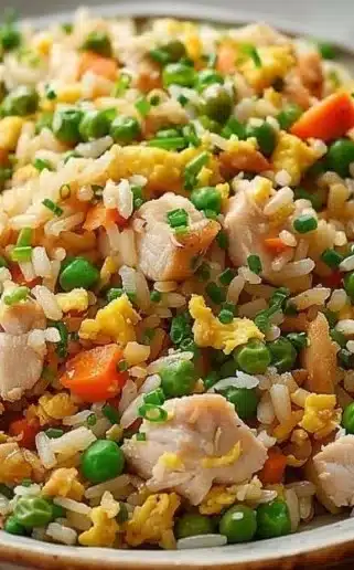 Crockpot Chicken Fried Rice in a bowl garnished with vegetables