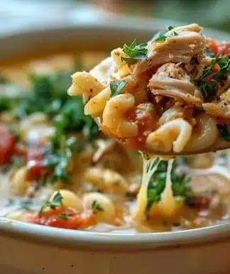 Bowl of Crockpot Chicken Parmesan Soup garnished with cheese and herbs