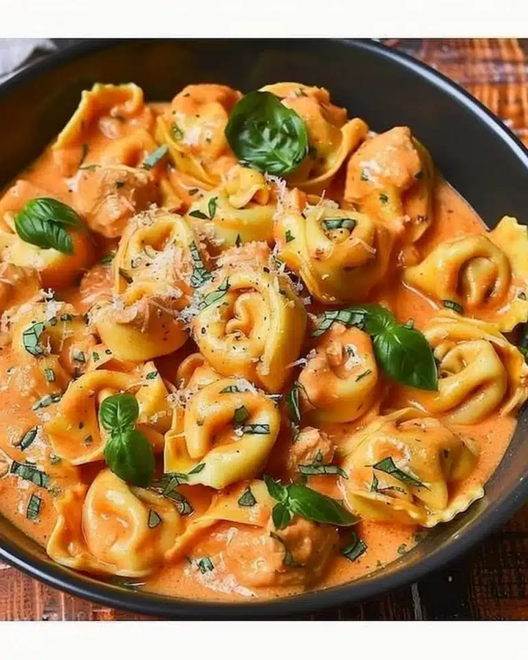 CrockPot Chicken Tortellini served in a bowl with fresh herbs