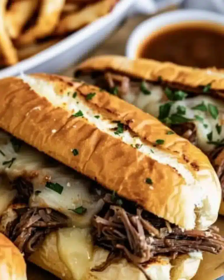 Delicious Crockpot French Dip Sandwiches with juicy beef and melted cheese