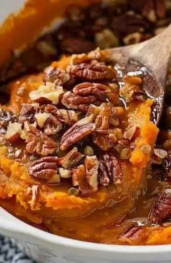 Delicious and creamy Crockpot Sweet Potato Casserole topped with marshmallows.