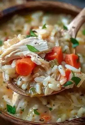 Crockpot turkey rice soup in a bowl, garnished with herbs