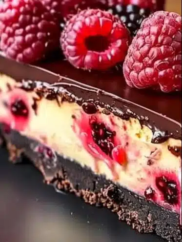 Slice of dark chocolate raspberry cheesecake on a white plate.