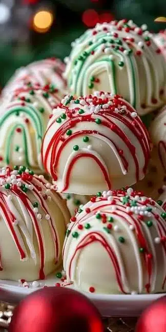 No-Bake Little Debbie Christmas Tree Cake Truffles decorated for the holidays