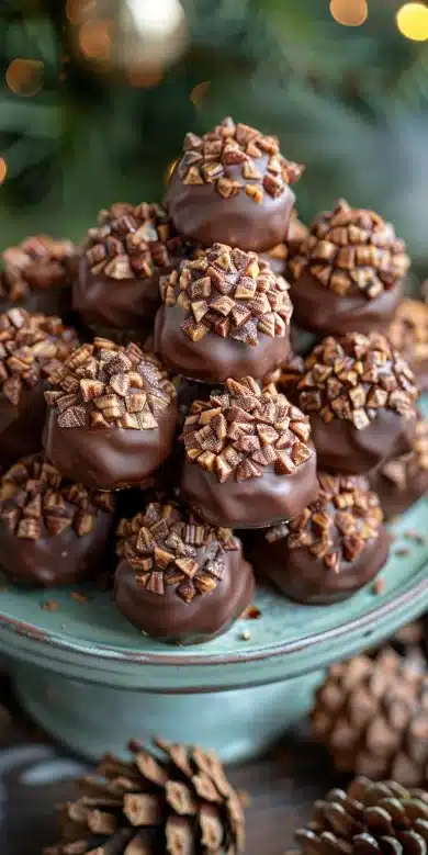 Decadent Pinecone Truffles decorated with chocolate and nuts