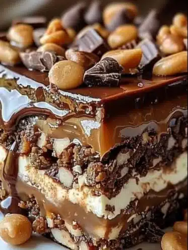 Delicious turtle lasagna dessert showcasing layers of chocolate, caramel, and nuts.