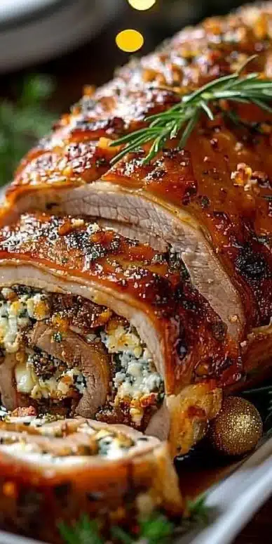 Delicious Christmas stuffed pork roast with herbs and spices.