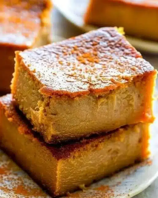 Slice of pumpkin custard cake served on a plate with autumn leaves