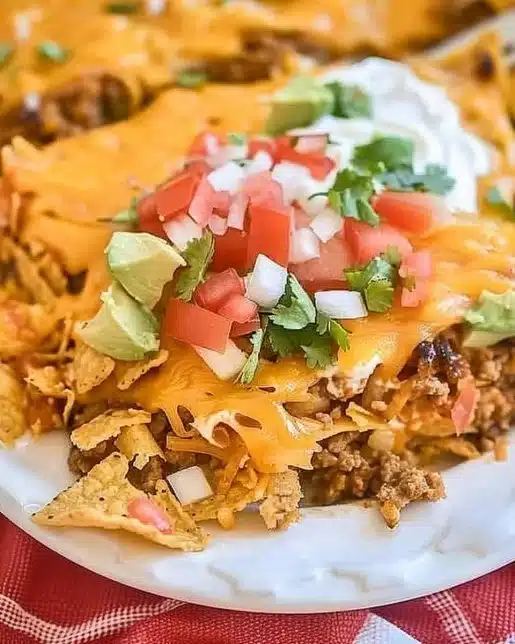 Delicious Doritos Taco Casserole Bake topped with cheese and crispy Doritos