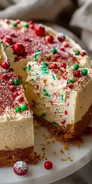 Slice of dreamy sugar cookie cheesecake topped with sprinkles and cookie crumbs