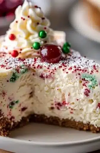 Slice of dreamy sugar cookie cheesecake with colorful sprinkles on top.